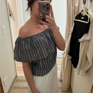 Striped Off-Shoulder Ruffle Top in Denim Charcoal
